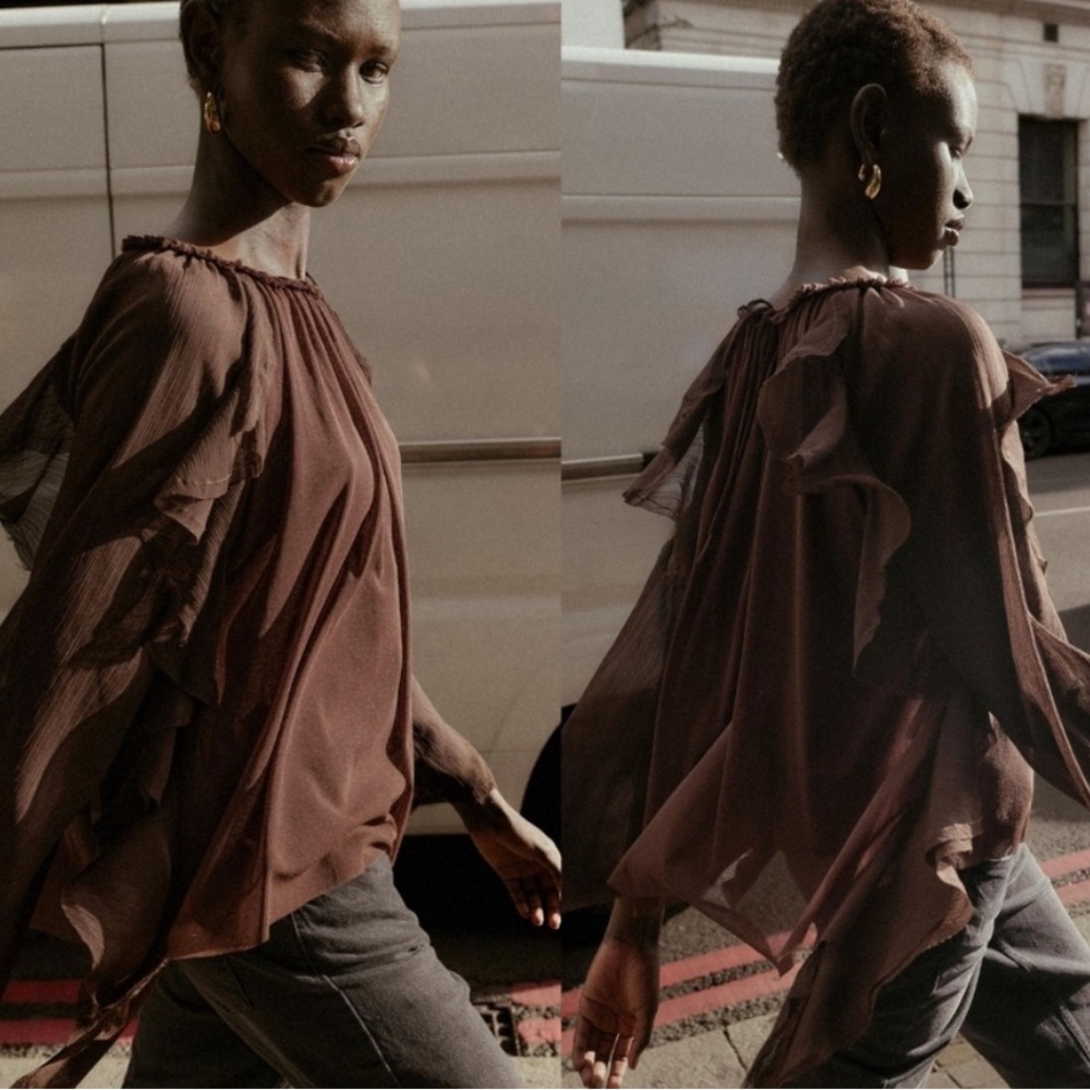 Zara chocolate ruffle long sleeve blouse NWOT